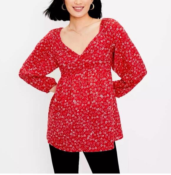LOFT Tops - NWT LOFT Sweetheart Neckline Red Hearts Smocked Peasant Top Women’s Size 2